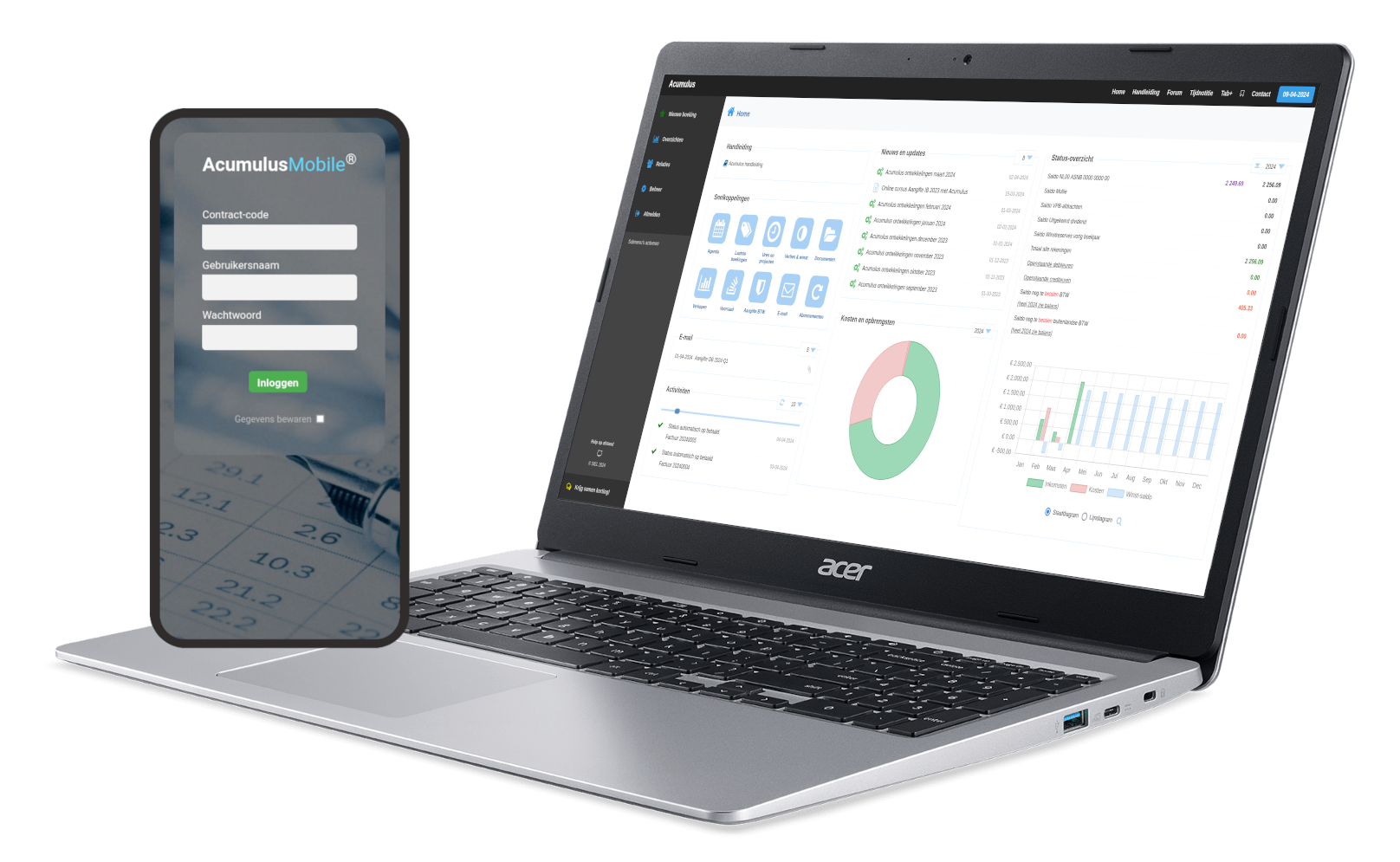 Schermafbeelding van Acumulus – Dashboard on laptop with mobile app login