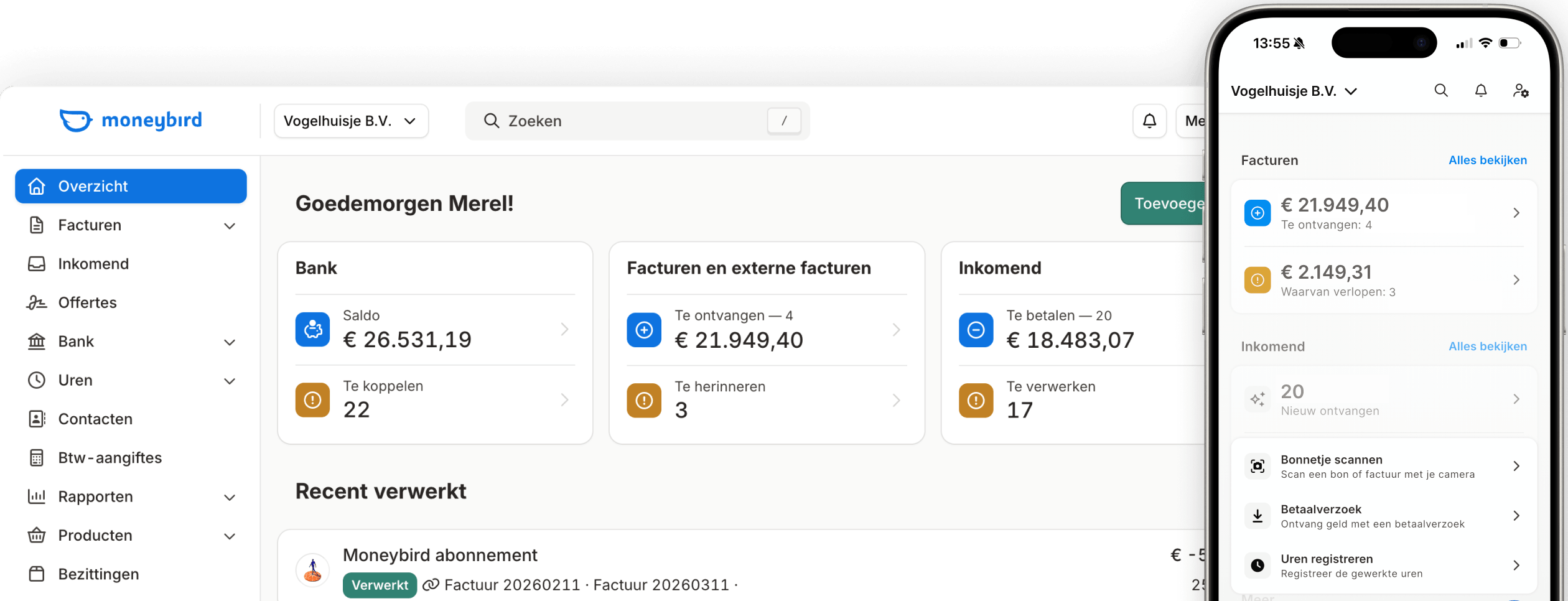 Schermafbeelding van Moneybird – Dashboard with mobile app