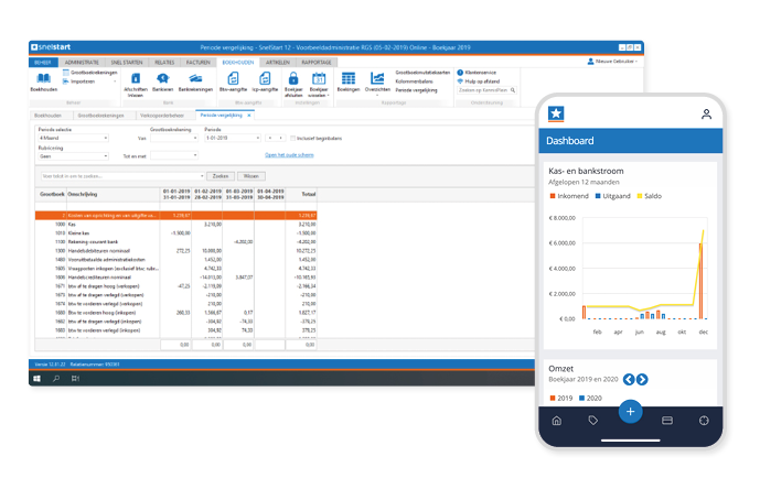 Schermafbeelding van SnelStart – Desktop bookkeeping view with mobile app dashboard